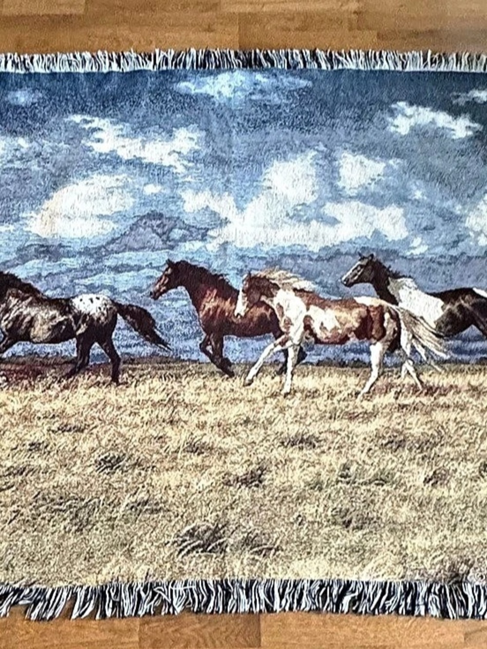 C. Cummings Running Horses Woven Tapestry Throw Blanket Blue & Brown